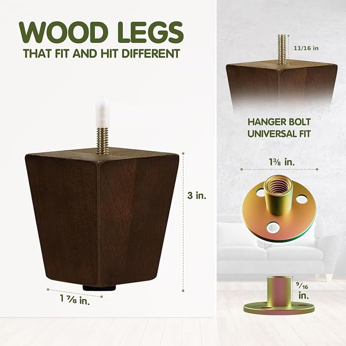 Yes4All 3 Inches Square Wood Furniture Legs Set of 4 - Wooden Replacement Feet for Couch - Adjustable Sofa, Ottomans Tapered Leg with Leveler - Brown Solid Wood Parts for Table, Chair