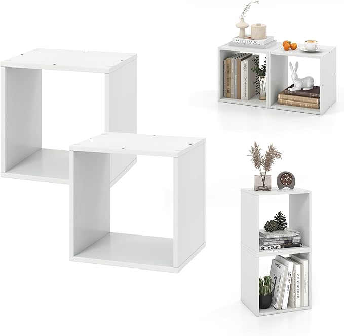 Giantex 2 Cube Bookshelf Organizer, 2-Tier Stackable Cube Storage Organizer, Small Wooden Open Book Shelf with Anti-toppling Device, Wood Floor Standing Display Shelving Bookcase, White