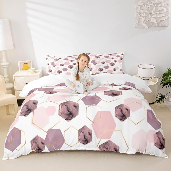 Erosebridal Modern Pink Duvet Cover for Bedroom - Marbling Geometric Art Kids Bedding, Girly Abstract Golden Striped Bed Cover for Home Decor, Full 3 Pieces