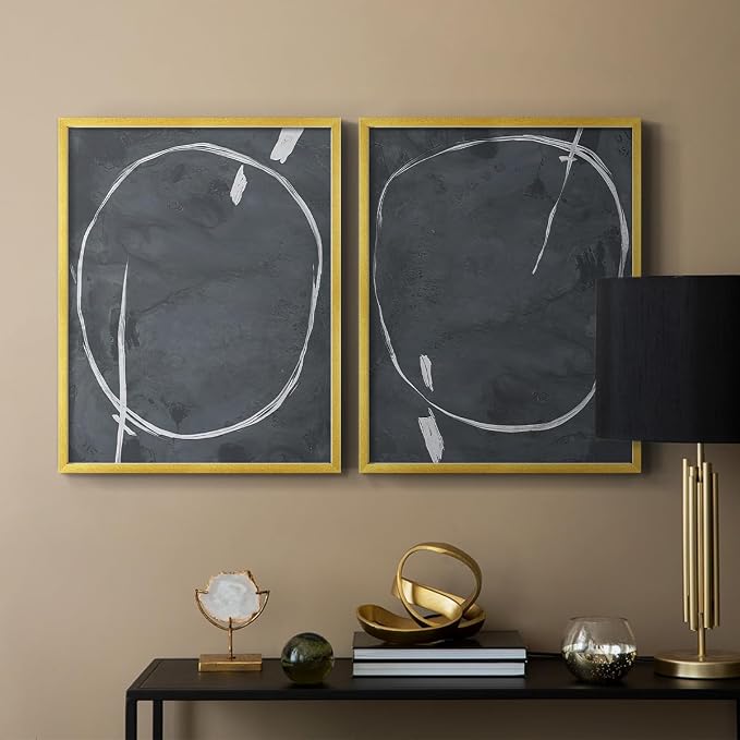 Renditions Gallery Set of 2 Peel & Stick Framed Prints, Abstract Wall Art, Circular Momentum Design Wall Decor, Re-Stickable - Ready to Hang - 22"x28" - GOLD Frame LT588