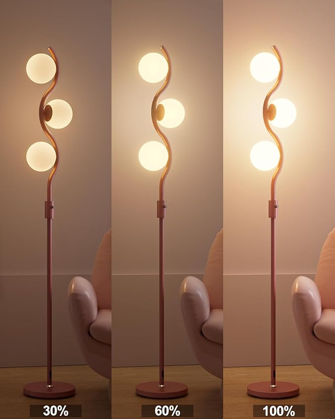 Lightdot 60IN Dimmable Pink Floor Lamp Mid Century Standing Lamps with 3Pcs 3000K Warm White Bulbs Included Dimmable Globe Modern Tall Lamp with Stable Base for Bedroom/Office/Sofa Beside/Corner Decor