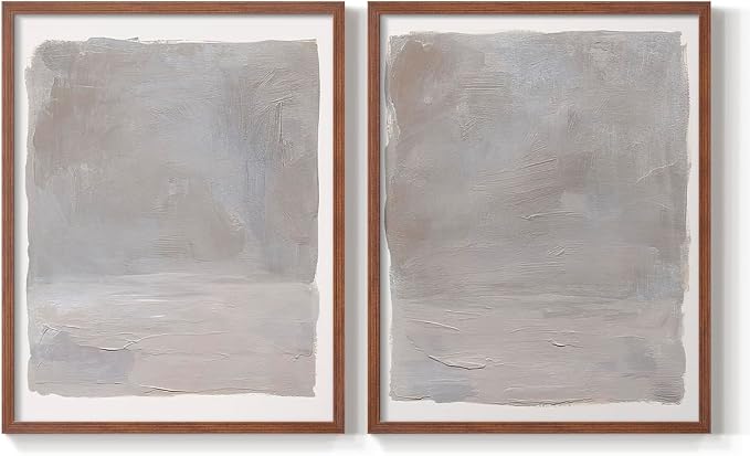 Renditions Gallery Set of 2 Peel & Stick Framed Prints, Watercolor Abstract Wall Art, Neutral Tones Textured Brushstrokes Wall Decor, Re-Stickable - Ready to Hang - 11"x14" - Walnut Frame LT588