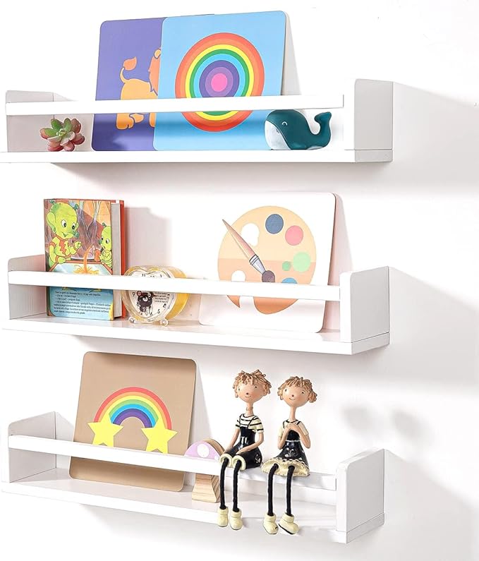 AZSKY Nursery Bookshelves White, 24 Inch Floating Bookshelves for Wall Set of 3, Baby Kids Room Decor, Solid Wood Wall Mounted Shelves for Books Storage