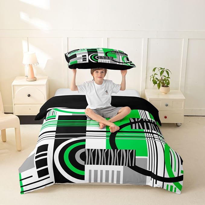 Erosebridal Art Deco Mid Century Duvet Cover Set Retro Modern Abstract Geometric Twin Bedding Sets for Girls Youth Boys Black and White Green Circles Stripes Comforter Cover Contemporary Bed Set