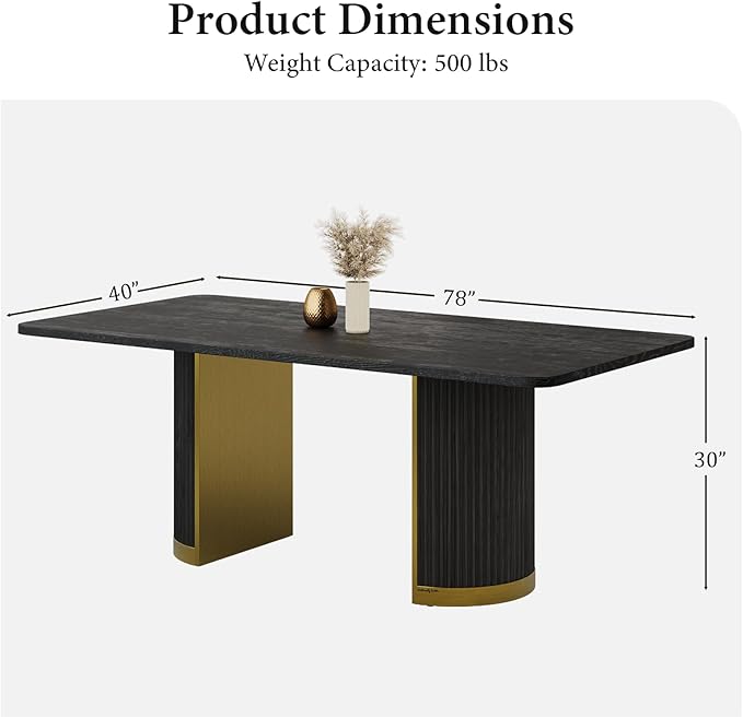 AUZ 78” Luxury Dining Table for 6-8, Farmhouse Wood Dining Room Table with Fluted Design and Brushed Metal Base, Large Rectangular Kitchen Table, Black and Gold