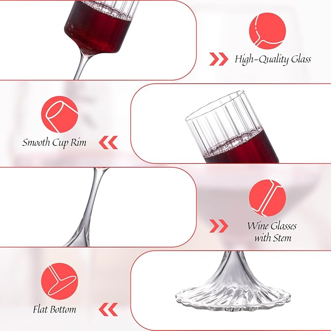 KAMMAK Wine Glasses Set of 2, 13.53 oz Hand Blown Crystal Bordeaux Wine Glasses, Thin Rim & Long Stem, Perfect for Red & White, Daily Use, Wedding or Birthday Gift with Gift Box, Fully Clear Wide Rib