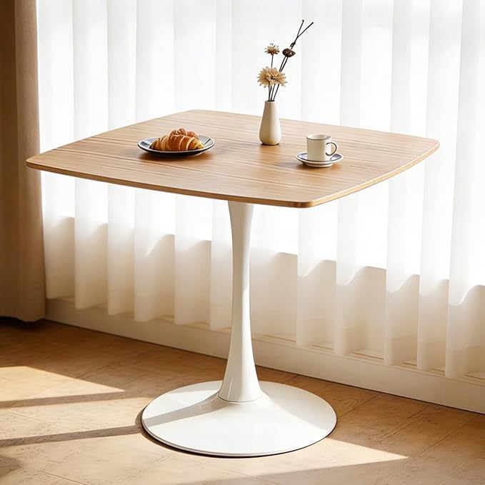 42 Inch White and Oak Square Dining Table for 4-6 Person,Mid-Century Oak Tulip Table Kitchen Dining Table with MDF Tabletop and Pedestal Base for Home Kitchen