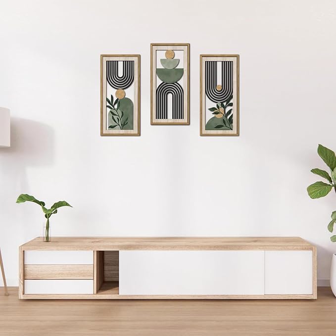HPNIUB 3 PCS Boho Sage Green Wall Decor, Minimalist Mid Century Geometric Line Hanging Wood Sign for Living Room, 8x16Inch Modern Botanical Leaf Wooden Plaque for Apartment Bedroom Office Decoration