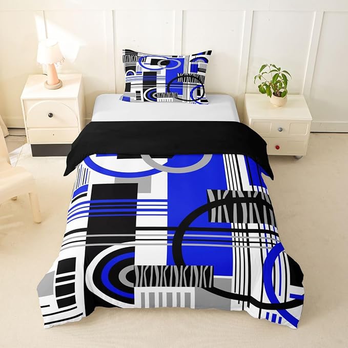 Erosebridal Art Deco Mid Century Duvet Cover Set Retro Modern Abstract Geometric Twin Bedding Sets for Girls Kids Boys Black and White Navy Blue Circles Stripes Comforter Cover Contemporary Bed Set