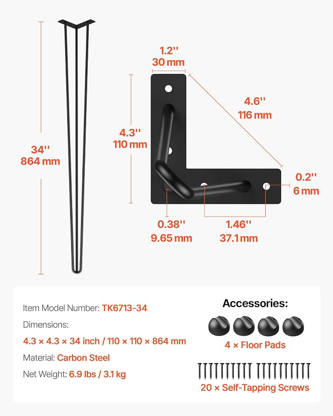 VEVOR Hairpin Table Legs 34" Black Set of 4 Desk Legs 880lbs Load Capacity (Each 220lbs) Hairpin Desk Legs 3 Rods for Bench Desk Dining End Table Chairs Carbon Steel DIY Heavy Duty Furniture Legs
