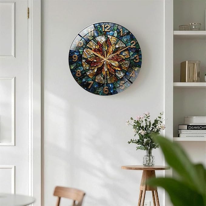 16 Inch Floral Mosaic Glass Wall Clock Silent Art Decor | Silent glossy wall clock with a vintage stained glass mosaic design, perfectly tracking time for your living room