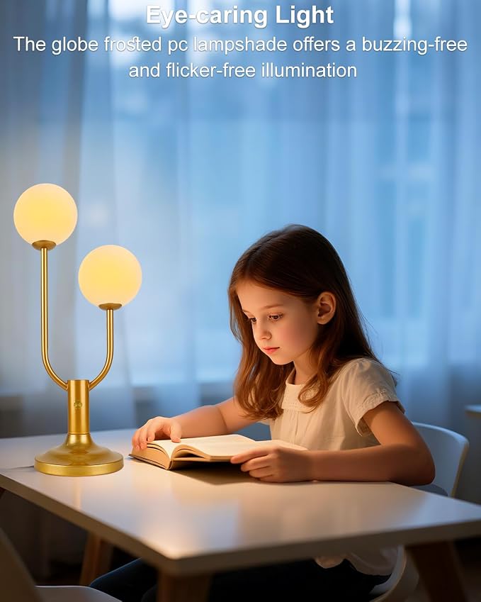 Lightdot 2-Globe Table Lamp for Bedroom Mid Century Modern Gold Small Desk Lamp Dimmable 3000K Warmwhite Unique U-Shaped Nightstands Bedside Lamp for Living Room Home Office