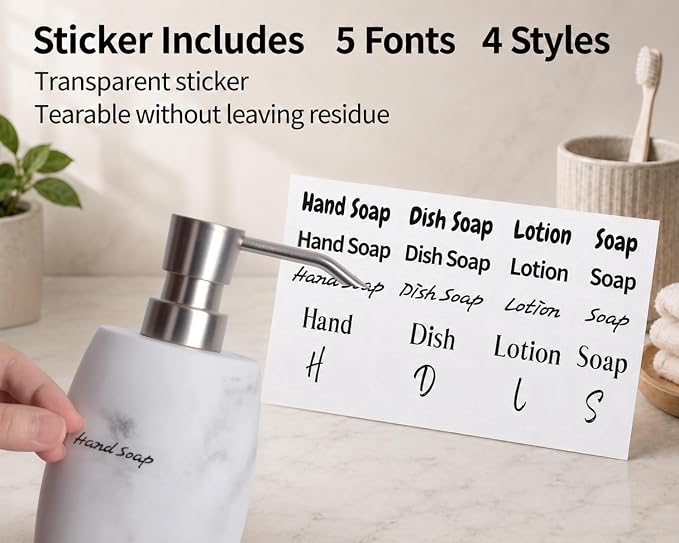 Clasin Home Resin Soap Dispenser Set 2, Refillable Hand Soap Dispenser with White Marble Look and Metallic Pump, Kitchen, Bathroom, Waterproof Labels (12 Oz)