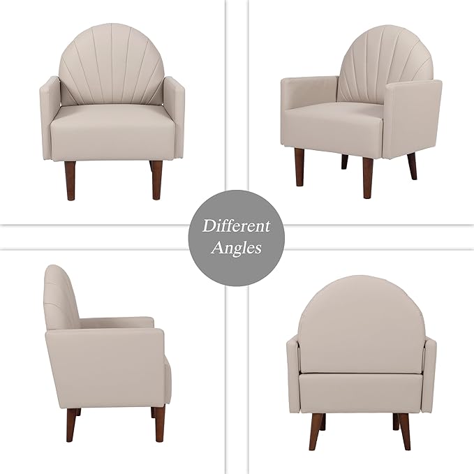 Mid-Century Accent Chair, Faux Leather Armchair - Shell-Shaped Back Waterproof PU Leather Modern Retro Lounge Chair for Living Room, Office, Bedroom & Waiting Room