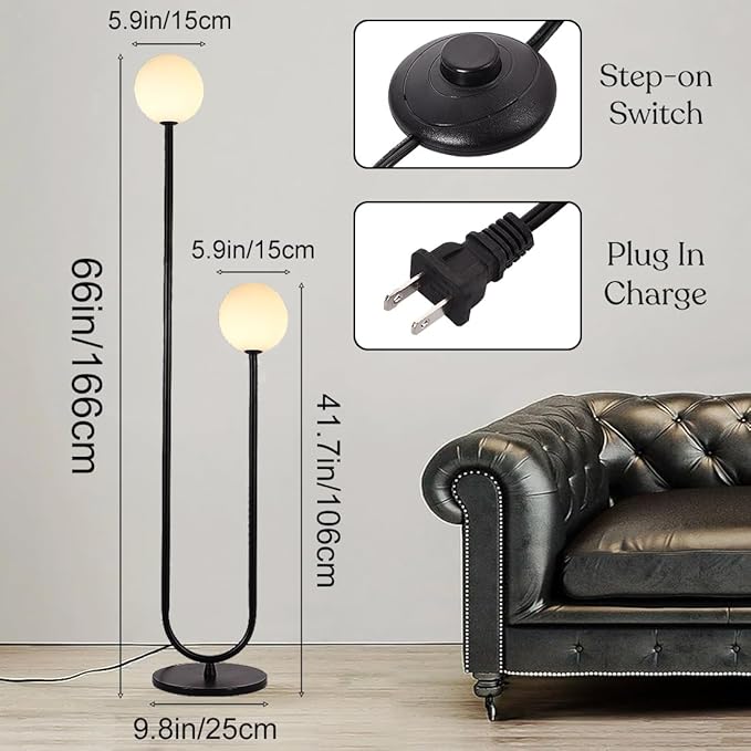 Mid Century Black U-Shape Floor Lamp 60inch Tall Globe Glass Stand Floor Light Modern Black Floor Lamp for Living Room Bedrooms Offices,Milk White Glass Lampshade,G9 Bulb