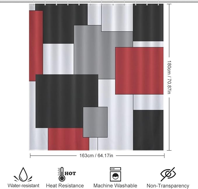 Red Black Shower Curtain,Retro Modern Geometry Minimalist Neutral Design Bathroom Curtain Polyester Waterproof Fabric Decor 66x72in（168x183cm）