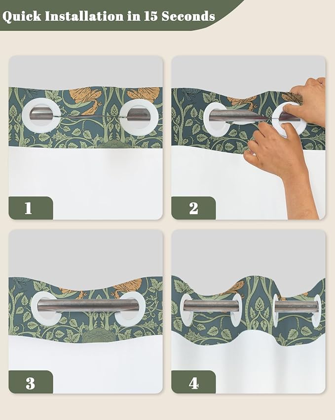 No Hook Shower Curtain with Snap in Liner - Vintage Dark Green Botanical Floral Print, Hookless Bath Curtain with Mesh Top for Dark Academia & Moody Victorian Bathroom Decor, 71W x 74H