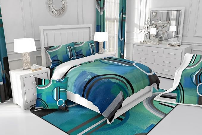 Erosebridal Geometric Comforter Cover Full,Oil Painting Duvet Cover Watercolor Bedding,Circles Bedding Set,Blue Green Black Grey Quilt Cover,Modern Artwork Soft Cozy Bedspread Cover with Zipper& Ties