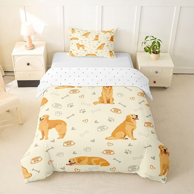 Erosebridal Cute Golden Retriever Toddler Bedding Set Lovely Dog Duvet Cover Pet Dog Lover Comforter Cover for Kids Girls Boys Adults Paw Print Aesthetic Bed Set
