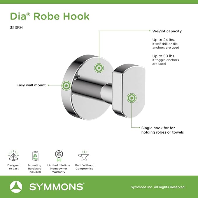 Symmons 353RH Dia Wall-Mounted Robe Hook in Polished Chrome