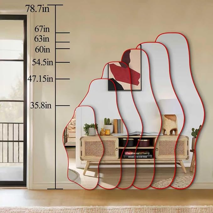 Large Irregular Mirror, 54.5"x24" Red Asymmetrical Tempered Glass Mirror, Modern Organic Shape Frameless Mirrors for Entryway Hallway Bedroom Living Room, Horizontal or Vertical Hanging