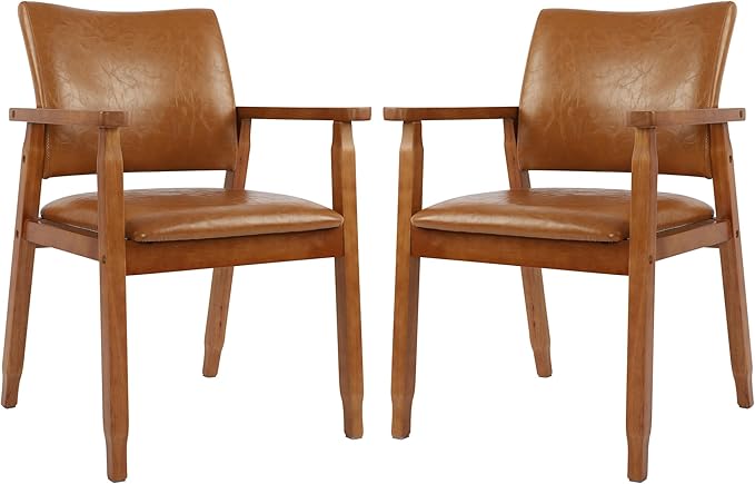NOBPEINT Mid-Century Dining Side Chair with Faux Leather Seat in Brown, Arm Chair in Walnut, Set of 2
