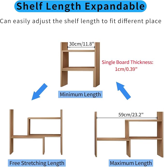 Desktop Shelf Organizer, Adjustable Wood Office Storage Rack, Counter Display Small Bookshelf for Home/Office/School(Light Walnut)