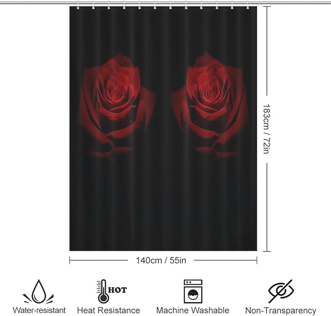 Red Rose Floral Shower Curtains Romantic Red Roses Artistic Theme Waterproof Shower Curtains for Bathroom Decor 12 Pack Hooks 55x72in（140x183cm）