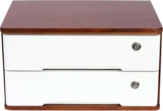 Wooden Desk Organizer with Drawers & Lock Desktop Storage Cabinet Tabletop Organizing Unit for Home Office Supplies File Stationery Jewelry (Dark Brown, 2 Tiers)