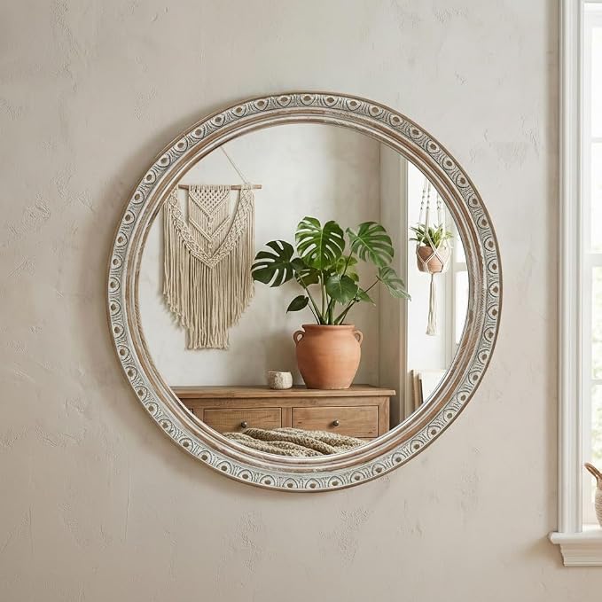 23.62'' Ornate Round Wall Mirror with Distressed Frame & Pre-Installed Hanging, Decorative Mirror with Large Reflective Surface for Bathroom Bedroom Living Room, Ancient White