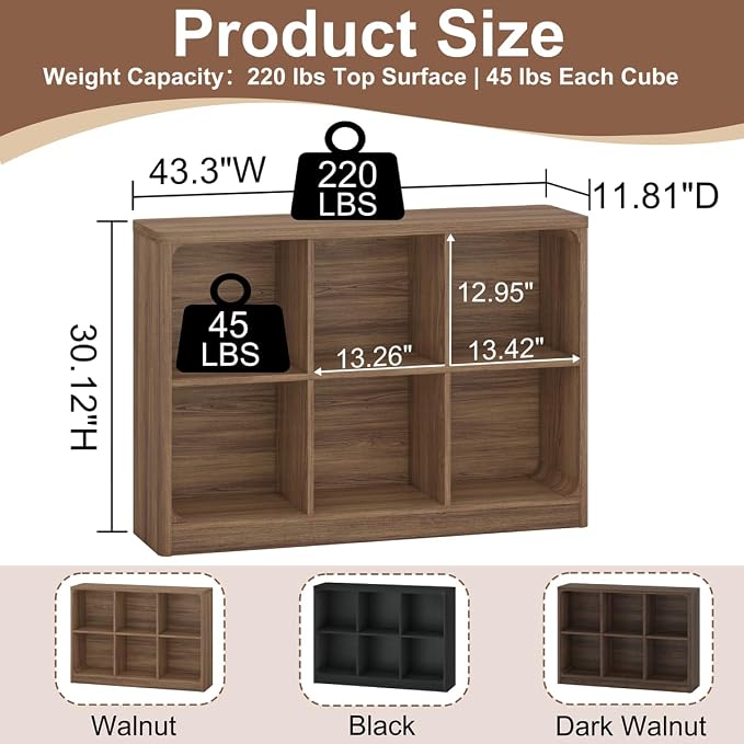 FATORRI 6 Cube Storage Bookcase, Rustic Wood Horizontal Bookshelf with Rounded Corners, Low Cube Organizer Shelf for Living Room, Bedroom, Office (Walnut, 43 Inch)