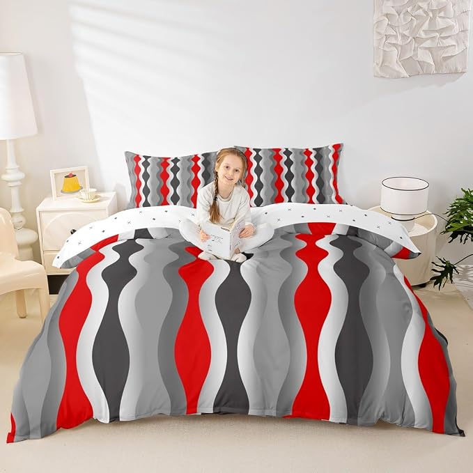 Red Black Grey Bedding Set Retro Geometric Comforter Cover Mid Century Modern Decor Duvet Cover for Kids Boys Girls Teens Abstract Stripe Breathable Bedspread Cover Room Decor King Size (No Comforter)