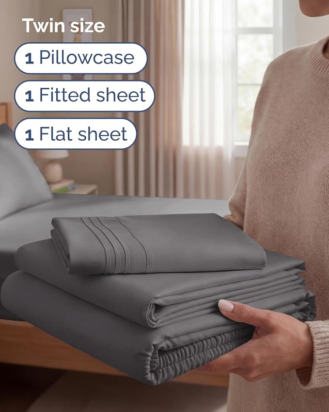 Twin Size 3 Piece Sheet Set - Comfy Breathable & Cooling Sheets - Hotel Luxury Bed Sheets for Women & Men - Deep Pockets, Easy-Fit, Extra Soft & Wrinkle Free Sheets - Dark Grey Oeko-Tex Bed Sheet Set