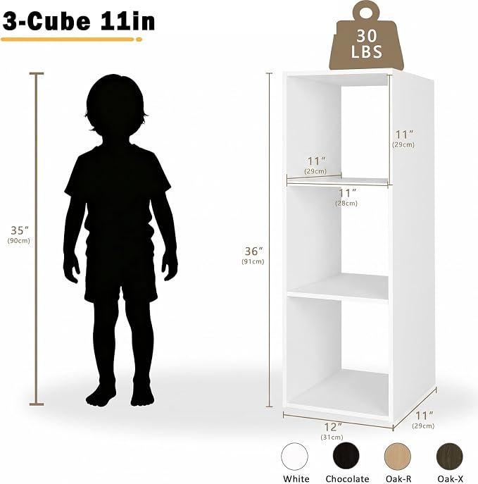 Endearing Limons【2026 Wooden 3 Cube Shelf Storage Organizer with Anti-Tipping Kits + Reversible Open Back Solid Panel Bookcase (11 x 11 Unit Cell White)