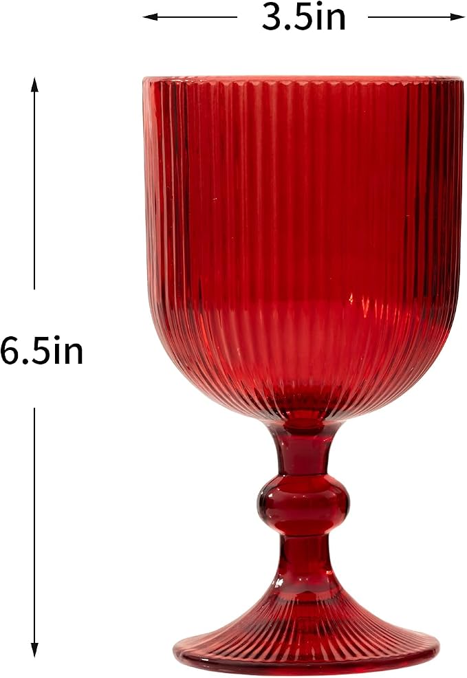 Red Vintage Wine Glasses Set of 6, 11 Ounces Colored Glass Water Goblets, Unique Embossed Pattern High Clear Stemmed Glassware Wedding Party Bar Glass Drinking Cups Fancy Glasses Hand Wash Only