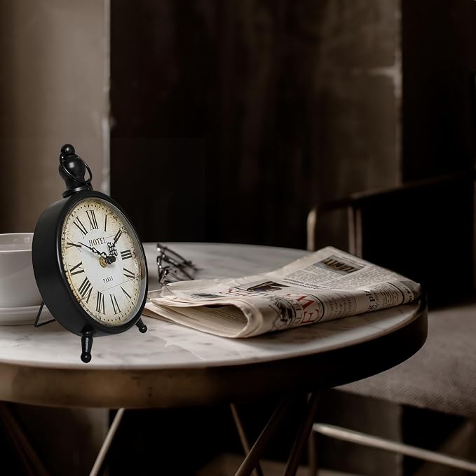 HZDHCLH Vintage Table Clock Battery Operated,Retro Mantel Clock for Living Room Fireplace Decor,Silent Metal Desk Clock(Black)