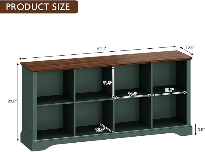 8 Cube Storage Organizer - 62" Long Farmhouse Wood Low Bookshelf, Horizontal Open Shelf Bookcase Cubby Storage Console Cabinet for Living Room, Entryway, Office, Green