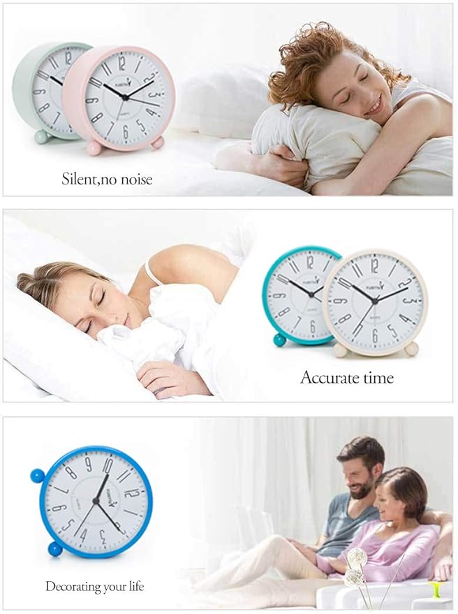 FLOITTUY Super Silent Metal Alarm Clock,Beep Wake Round Alarm Clock with Night Light,Battery Operated,Easy Set,Simple & Retro for Desk, Bedroom and Home Decoration(Green)
