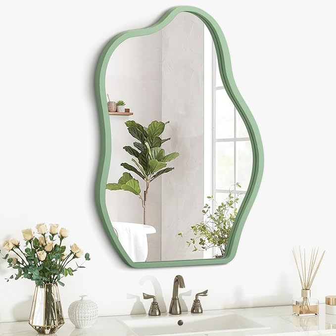 Asymmetrical Large Mirror Irregular Modern Mirror for Wall Decor Wooden Framed Hanging Wall Mirror Unique Shape Vanity Cloud Mirrors Decorative for Bedroom Bathroom Living Room Entryway