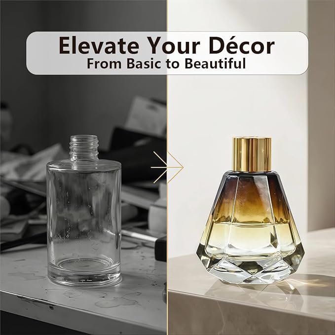 2 Pack 2oz Amber Glass Reed Diffuser Bottles, Diamond Shape with Gold Cap | Faceted glass body, amber gradient tone, polished gold cap, rounded bottle mouth, thickened glass, refillable structure.
