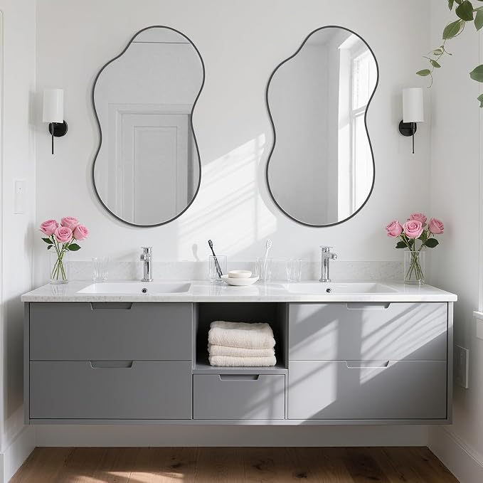 HOMECOOKIN 36" H x 20" W Irregular Wall Mirror, Asymmetrical Decorative Mirror with Black Aluminum Frame, Wavy Abstract Black Mirror, for Living Room, Bedroom, Bathroom, Entryway, Cloakroom