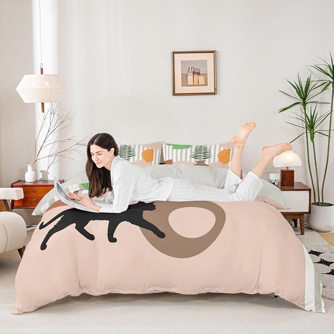 Erosebridal Boho Cat Animals Comforter Cover King Abstract Mid Century Bedding Set Minimalism Aesthetic Geometric Duvet Cover for Kids Girls Boys Adults Tropical Palm Leaves Bed Set