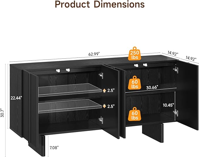 ONBRILL 63" Fluted Sideboard Buffet Cabinet with Storage, Large Sideboard Cabinet with Adjustable Shelves, Modern Credenza with 4 Doors, Kitchen Cabinets for Living Room, Entryway (Black)