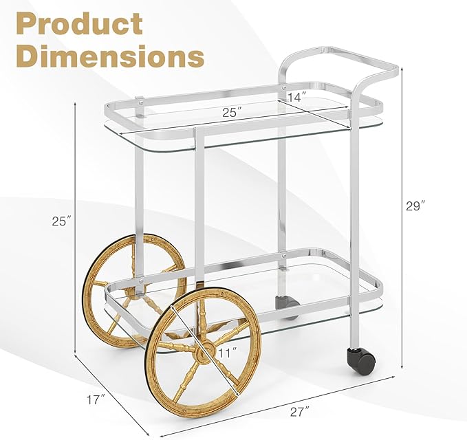 Tangkula Bar Cart for The Home, 2-Tier Rolling Tempered Glass Serving Cart, 2 Large Gold Aluminum Wheels & 2 Casters, Handle, Stainless Steel Frame, Modern Wine Cart for Kitchen Dining Room
