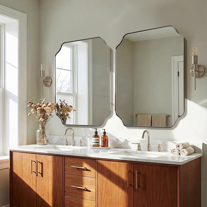 ANDY STAR 36x40 Inch Brushed Nickel Mirror, Large Bathroom Mirrors, Modern Silver Vanity Mirror in Anti-Rust Stainless Steel Frame, Unique Rounded Notched Corner Design, Ideal for Bathroom Remodel