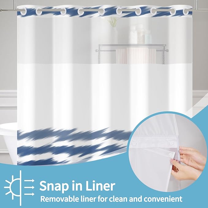 No Hook Blue Striped Shower Curtain with Snap in Fabric Liner Set Washable Wavy Blue Pattern Modern Hotel Quality Shower Curtain with See Through Mesh Double-Layered Curtains for Bathroom 71x74 Inch