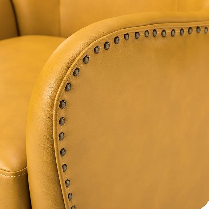 HULALA HOME Faux Leather Accent Chair with Removable Cushion, Comfy Upholstered Armchair with Black Metal Legs & Nailhead Trim Wingback Vanity Chair for Reading Living Room Bedroom, Yellow