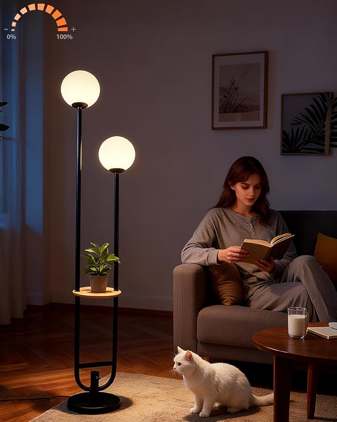 63IN 2-Globe Floor Lamp Dimmable Tall Standing Lamps with Table 3000K Warm White Unique Vintage Modern Mid Century Floor Lamp for Living Room-Black