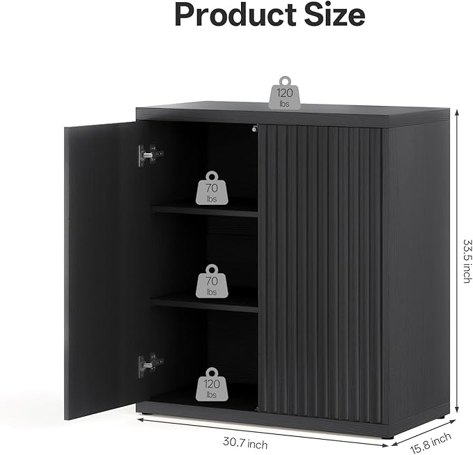 31” Sideboard Cabinet with Storage, Fluted Accent Cabinet with Adjustable Shelves, Modern Wood Credenza Cabinets with Pop-up Doors for Entryway Kitchen Living Room Hallway, Black 2pcs