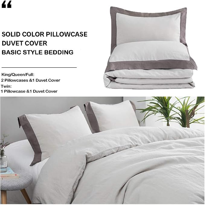 Simple&Opulence 100% Linen Duvet Cover Set with Washed French Flax-King Size(104"x 92")- 3 Pieces (1 Comforter Cover,2 Pillowshams) Basic Border Design Premium Bedding Set Breathable,Grey and Brown